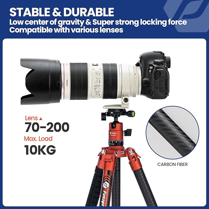 Fotopro Carbon Fiber Tripod for Camera 2lbs Ultralight 62 Inch Travel Camera Tripod Max Loads Up 22lbs X-Aircross 3 Orange