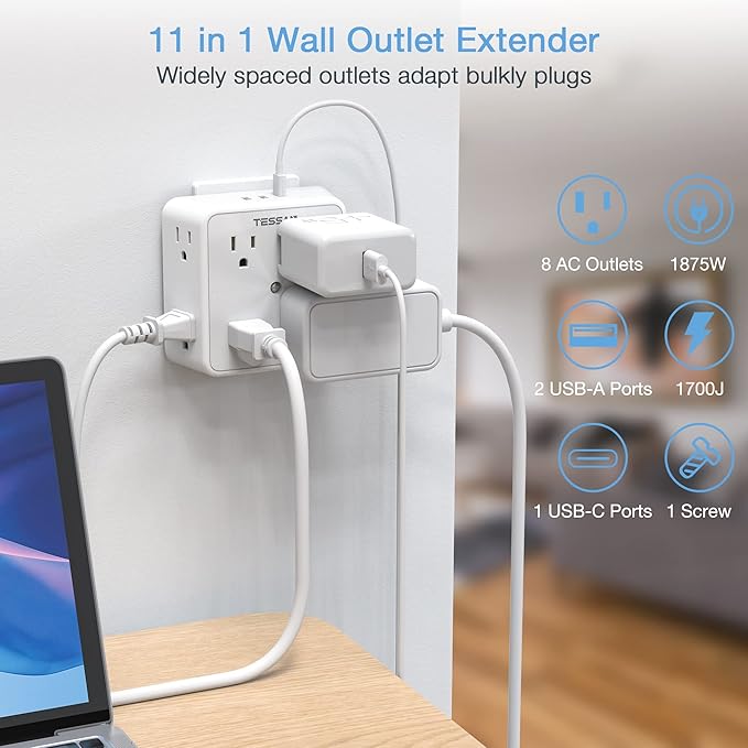 Surge Protector 8 Outlet Extender, TESSAN Multi Outlet Splitter with 3 USB Wall Charger (1 USB C Port), 3-Sided Multiple Plug Power Strip 1700J, Charging Station for Home Office Dorm Room