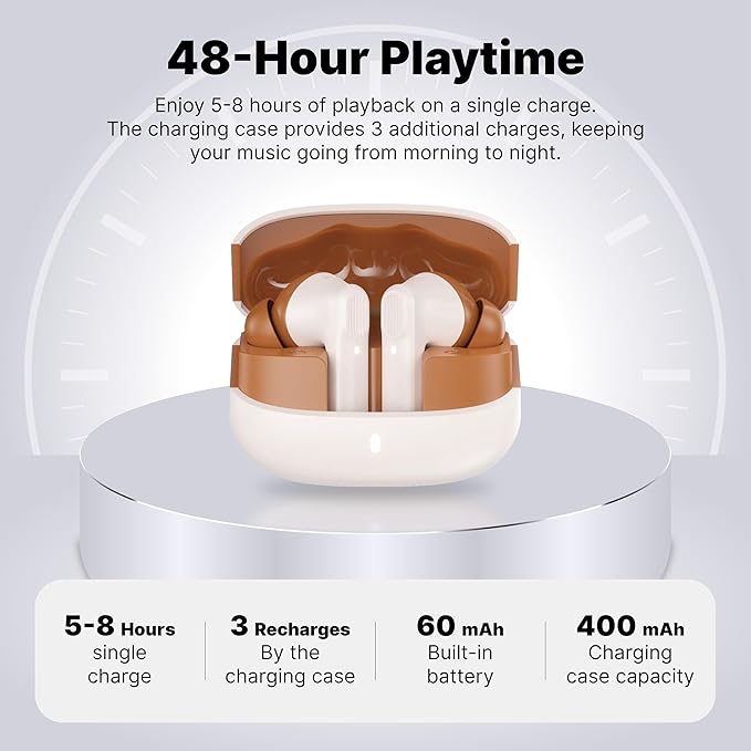 Wireless Earbuds Bluetooth 5.3 Headphones, Lightweight in-Ear Design with Deep Bass, 48HPlaytime, Touch Control, IPX5 Waterproof Earphones for Sports Workout (Beige)