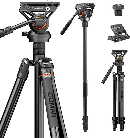 COMAN Fluid Head Tripod for DSLR Camcorder,Camera Monopod Tripod 360° Pan&+90°/-70° Tilt,New Q6 Fluid Head Aluminum Alloy QR Plate Compatible with DJI RS Gimbal Manfrotto Max Load 17.6lb