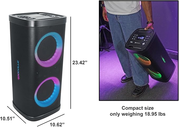 Rockville BASS PARTY 65 V2 Bluetooth Speaker, 1200W, Deep Bass, LED Lights, 6.5" Dual Woofers, 12hr Battery, Multi Input, Perfect for Parties, Karaoke