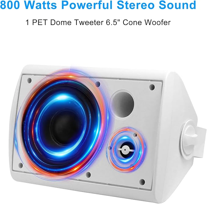 Herdio 6.5 Inches Outdoor Speakers Wired Waterproof Passive,Wall Mount Speakers with 800 Watts Powerful Bass for Home Patio Garden Covered Deck,All-Weather Durability,White(2 Pairs)