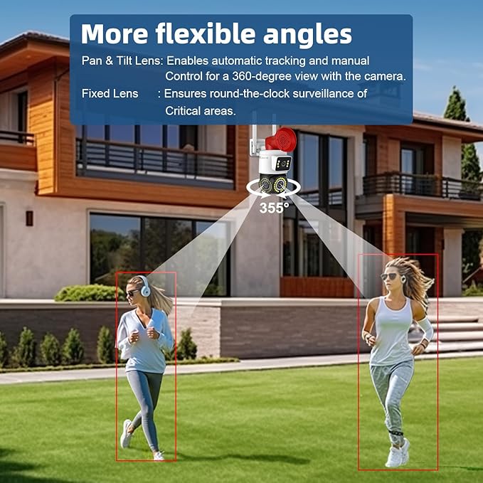 4MP Dual Lens Outdoor Security Camera with Night Vision & Floodlight, 355° Pan/Tilt Motion Tracking, 2.4GHz WiFi, SD/Cloud Storage, IP66 Waterproof, 2-Way Audio, Works with Mobile Apps & PC