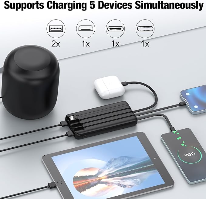 Portable Charger with Built in Cables,High Speed Power Bank 10000mAh Travel Battery Pack 5 Outputs 3 Inputs Portable Phone Charger Backup Battery for iPhone, Samsung, iPad,Tablets (Black)