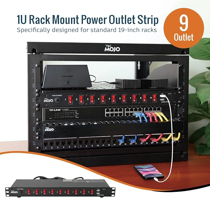 Tecmojo 9-Outlet Rack Mount Power Strip,1U Horizontal PDU Individual Switch 6ft Cord, with 2USB and 2 Type-C,for IT and Network Racks and Cabinets