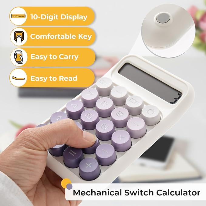 Y YOMA 1 Pack Mechanical Switch Calculator with 10 Digit Large LCD Display Big Button, Mini Cute Desktop Calculator 4 Function Basic Calculators for School Home Office Business, Lake Blue