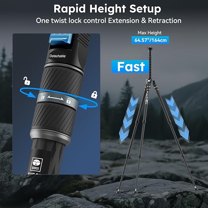 SIRUI SVS60 Carbon Fiber Travel Tripod, 64.6" Compact Camera Tripod, Rapid One-Step Height Adjustment, Modular Design Convertible to Monopod, Max Load 8kg/17.6lbs