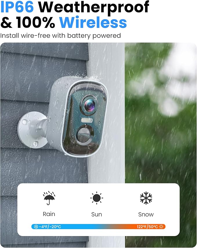 Security Cameras Wireless Outdoor, 2K Battery Powered WiFi Cameras for Home Security with AI Motion Detection, Color Night Vision, Siren Alarm, 2-Way Talk, IP66 Waterproof, Cloud/SD Storage