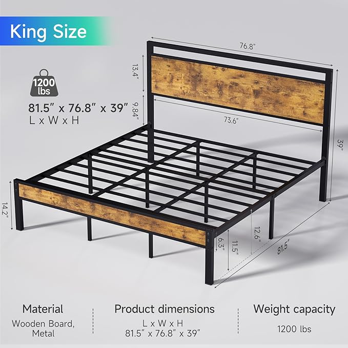 Z-hom Upgraded King Size Bed Frame, Heavy Duty Metal Sturdy King Bed Frame with Modern Wood Headboard & Footboard, Stable Platform Bed Furniture Bed Storage, No Noise, No Box Springs, Vintage Brown