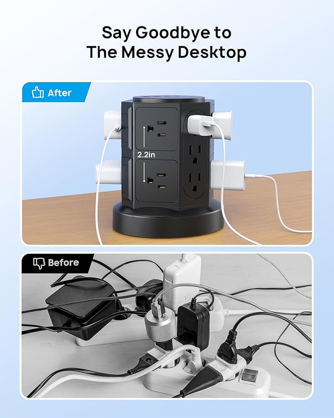 TROND Tower Surge Protector Power Strip with USB, 14 Widely Spaced Outlets, 2 USB-C and 2 USB-A, 2100J Surge Protection, 6 Feet Extension Cord with Multiple Outlets Home, Office, Dorm Essentials Black