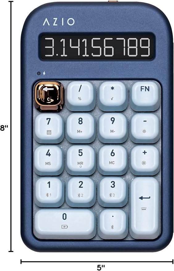 AZIO IZO Wireless Mechanical Calculator & Number Pad - Bluetooth 5.0 & USB, Gateron-Blue Mechanical Switch, 9 Backlight Modes, Rechargeable, PC & Mac Compatible, Blue Iris (IN105)