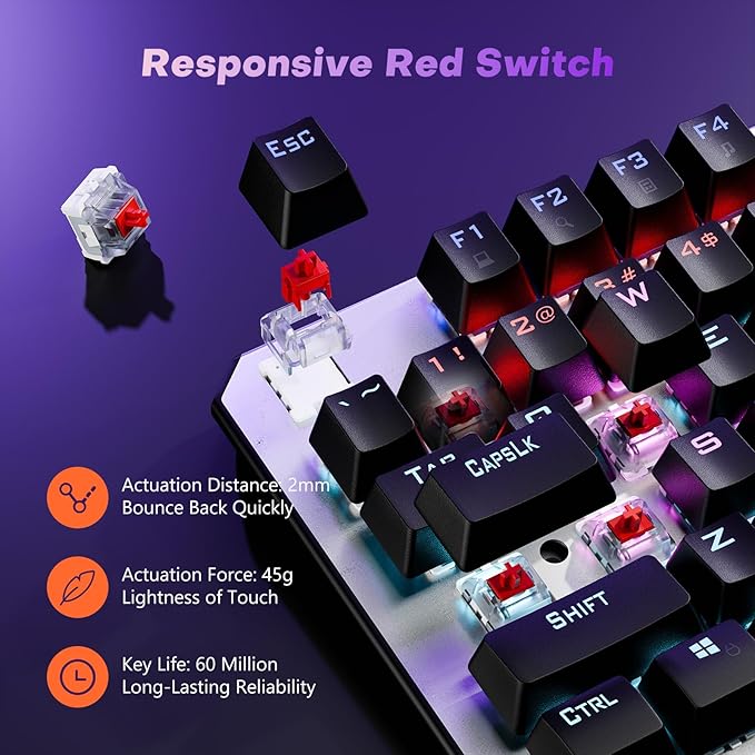 AULA Keyboard, TKL Mechanical Gaming Keyboard with RGB Backlit, All-Metal Panel, N-Key Anti-Ghosting USB-C Wired Keyboards Red Switches with Programmable Keys for MAC Xbox PC Gamer, 87 Keys