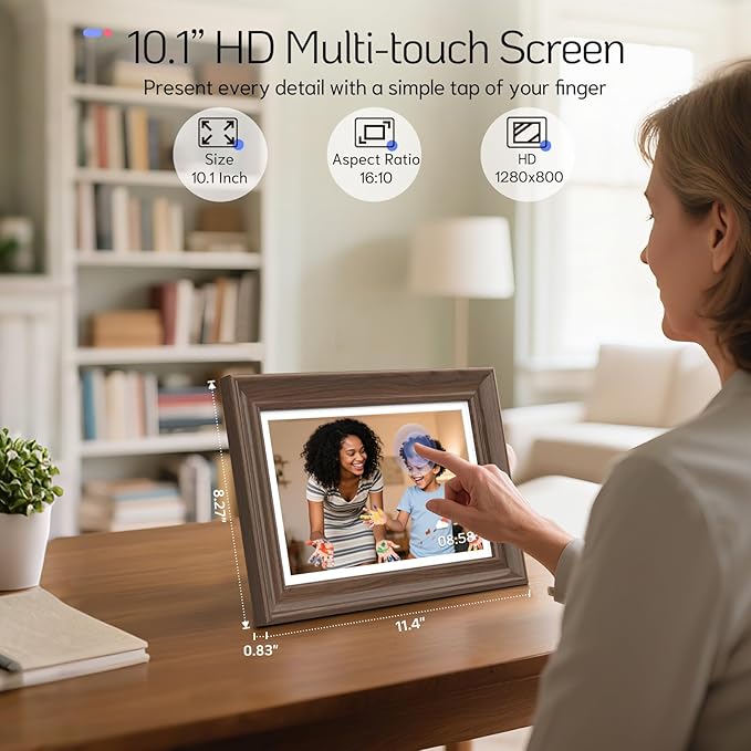 NexFoto 10.1 Inch Wood Digital Picture Frame Touchscreen, HD 1280x800 64GB WiFi Digital Frame, Add Photos from Google Photos, Share Videos via App/USB/Micro SD, Gift for Mom/Birthday (Walnut)