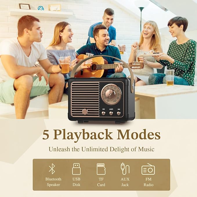 PRUNUS J-999 Retro Bluetooth Speaker,Vintage Decor,Mini Wireless Bluetooth Speaker,Cute Old Fashion Style Support USB/TF Card/AUX for Kitchen Desk Bedroom Office Party Outdoor(Black)