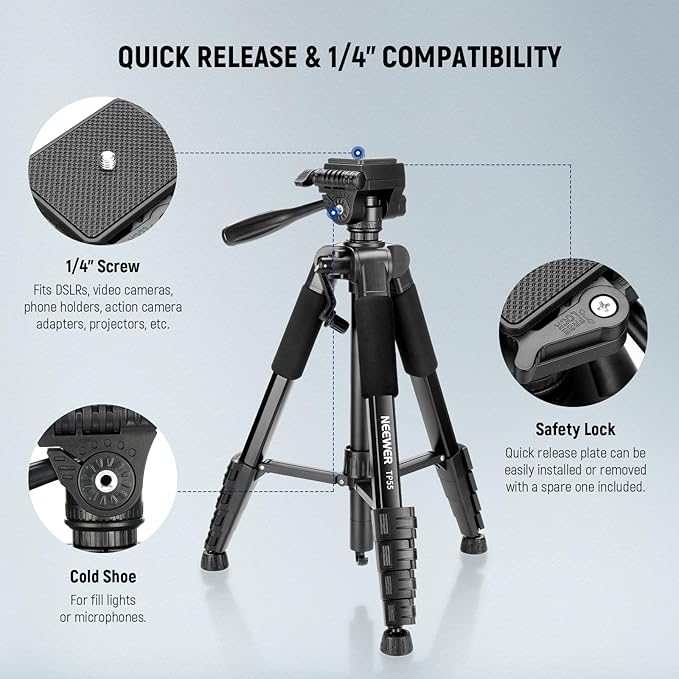 NEEWER BASICS Camera Tripod, 71'' Tripod with Cell Phone Holder Mount Compatible with iPhone for Video Recording, Professional Aluminum Lightweight Portable Travel Stand with 3 Way Pan Tilt Head, TP55
