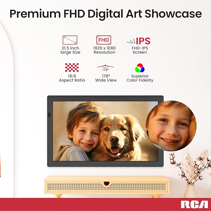 RCA 21.5" Large WiFi Digital Picture Frame Electric Uhale Frames with Remote Control 32GB Memory, 1920 X 1080P FHD IPS No Touch Screen, Support Wall Mount, Auto Rotate, Instantly Share Photos Videos