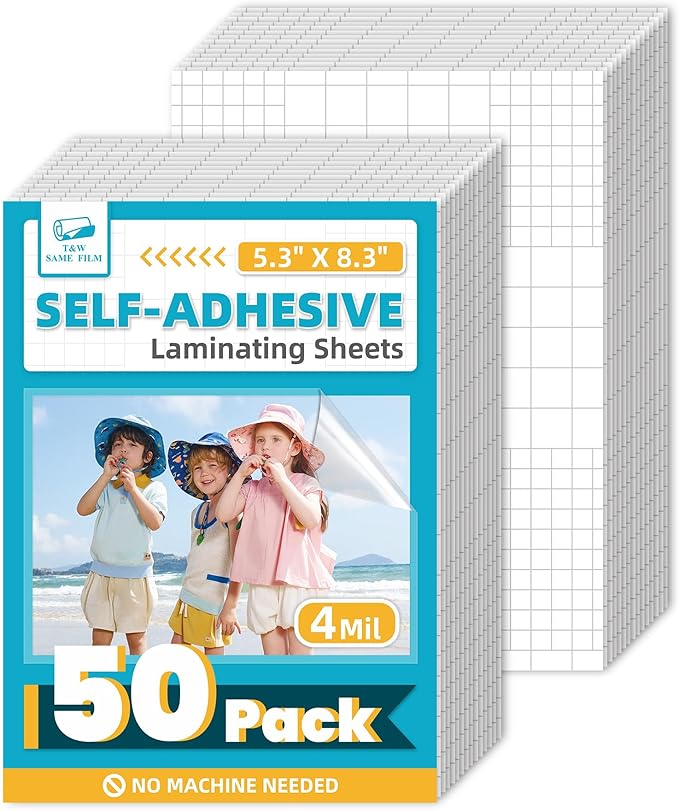 T&W SAME FILM 50 Pack Self Adhesive Laminating Sheets, 4mil, 5.8 x 8.3 Inch Laminating Sheets, Self Sealing Laminating Sheets for Laminator, Round Corner, No Heat, No Machine Needed (A5)