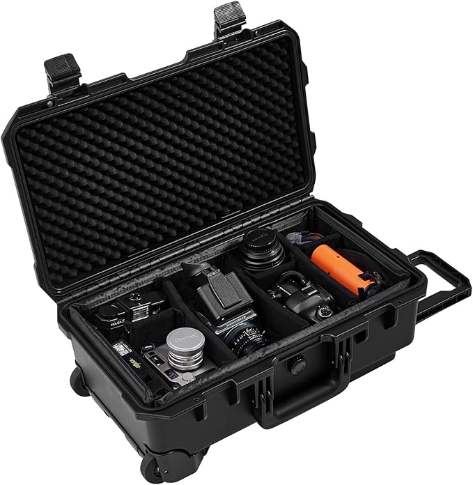 Waterproof Travel Camera Hard Case with Padded Divider, 22 x 14 x 10 Inch, Rolling Case for Camera, Gear, Equipment, Dustproof, Shockproof,Airline Carry-On Approved, Inner 19.8"x 10.9" x 6.8"