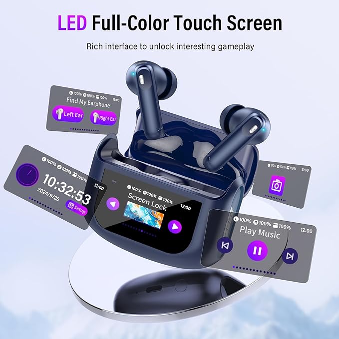 Wireless Earbuds, Bluetooth 5.4 Ear Buds with Multifunctional Touch Screen, 48H Bass Stereo Headphones with ANC/ENC Noise Cancelling/Transparency Mode, IPX7 Earphones with 5 EQ Modes, Dark Blue