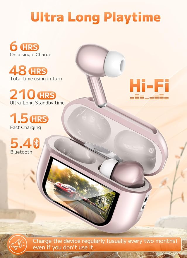 Wireless Earbuds, Bluetooth 5.4 Ear Buds with Multifunctional Touch Screen, ANC/ENC Noise Cancelling Headphones with 48H Playtime, Bass Stereo Sound, for Laptop, Android/iOS, Pad, Rose Gold