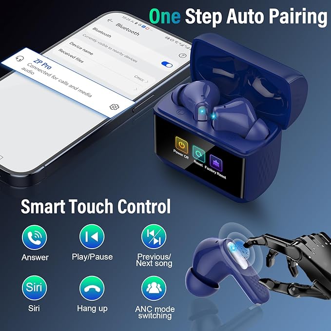 Wireless Earbuds, Bluetooth 5.4 Headphones with Multifunction Touch Screen, 48H Deep Bass Stereo Ear Buds, 5 EQ Modes, ANC/ENC Noise Cancelling, Transparency Mode, IPX7 Bluetooth Earbuds, Blue