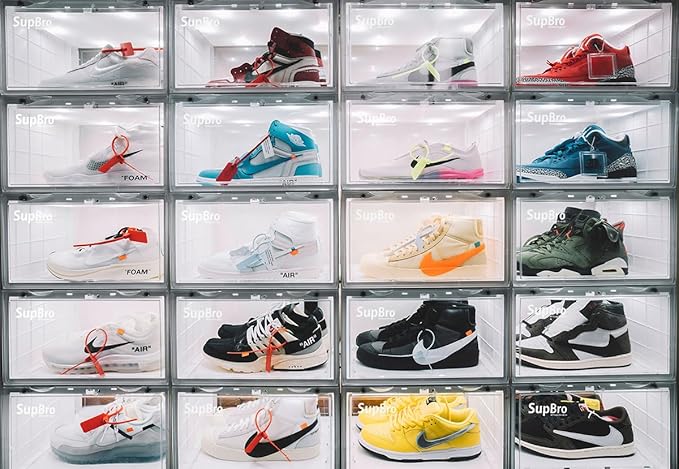 SupBro Led Collection Crate - Voice Control - Easy Access Storage Shoes box, Stackable Shoe Storage with clear plastic door for sneakers - (11.2 x 14.9 x 8.8 inch (2pack), White)