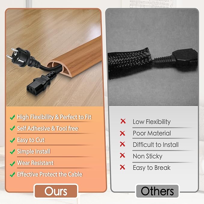 Floor Cord Cover for Wires on Floor Self Adhesive Cord Hider Floor Cable Management Wire Covers for Cords Protector Prevent Cable Trips Cord Cavity W 0.47" x H 0.27", Brown Wood, 20Ft