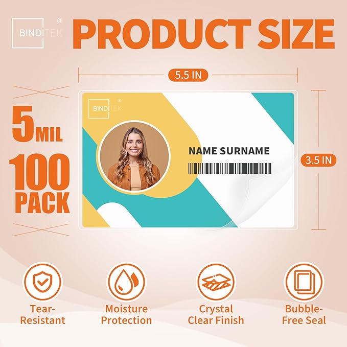 Binditek 100 Pack 5 Mil Thermal Laminating Pouches, 3.5 x 5.5 Inch, Fits Index Card Size, Ultra Clear Laminating Sheets, Heat Seal, Glossy, for ID Badges, Office, and Home Use
