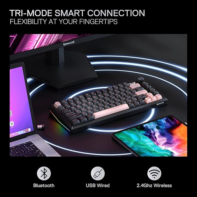 Redragon K720 Wireless CNC Gasket Gaming Keyboard w/Hype Screen & Knob, 81 Keys Mechanical Keyboard, Smart 1.14’’ TFT Info Display, 5-Layer Noise Dampening, Custom Linear Switch, Dawn Sakura Color