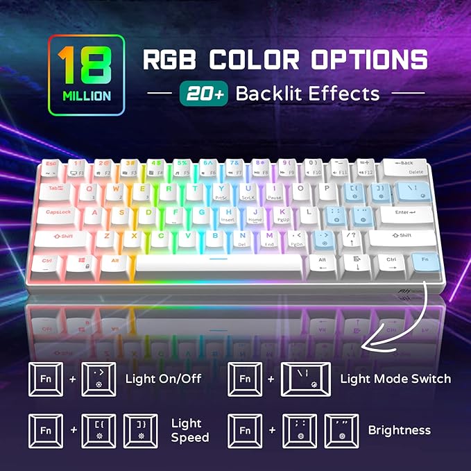 RK ROYAL KLUDGE RK61 Wired 60% Mechanical Gaming Keyboard Programmable QMK/VIA RGB Backlit 61 Keys Ultra-Compact Hot Swappable Red Switch White