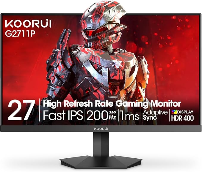 KOORUI Gaming Monitor, 27" 200Hz Fast IPS, FHD HDR400 Display Computer Monitor, 1ms PC Screen, 90% DCI-P3, Adaptive Sync, 75x75 mm VESA Mountable, Tilt Adjustable, HDMI 2.0, DP 1.4