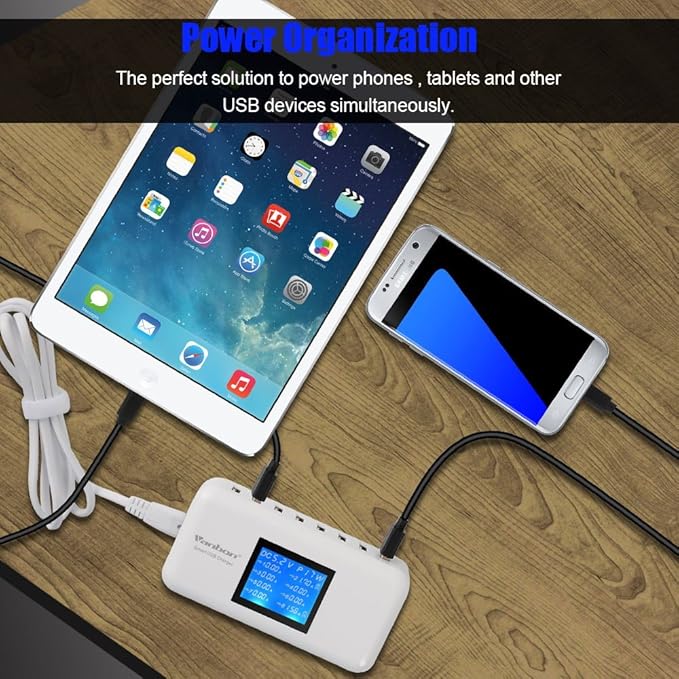 60W 8-Port USB Wall Charger, Multi Port USB Charger Charging Station W/LCD Compatible with Smart Phone, Tablet and Multiple Devices
