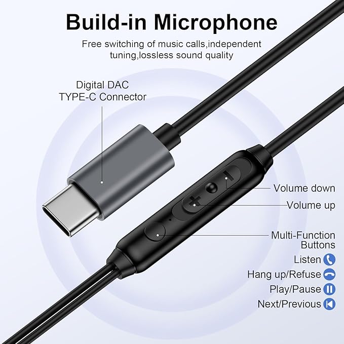 USB C Headphones Samsung Wired Earbuds for Android Samsung Galaxy A17 A36 A16 Z Fold/Flip7 S25 Ultra/Edge A56 A35 A54 S24FE S23Plus,Wired Type C Earphones with Microphone for iPhone 17 Pro Max 16 Plus
