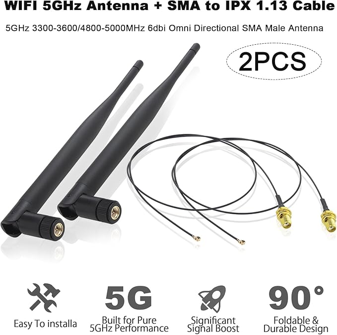 WiFi 6/5G Router Antenna Replacement Upgrade Kit, 6dBi High-Gain MIMO Dual Band Antennas (2-Pack) with SMA to IPX Cable 50CM, Boost Signal for Routers, Gateways