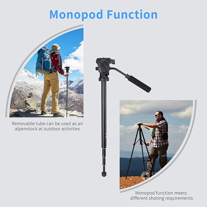 Fluid Head Video Tripod, Stable Tripod with 2-in-1 Monopod,1/4 inch Screws Fluid Drag Pan Head and Carry Bag for Nikon Canon Sony DSLR Cameras Video Camcorders