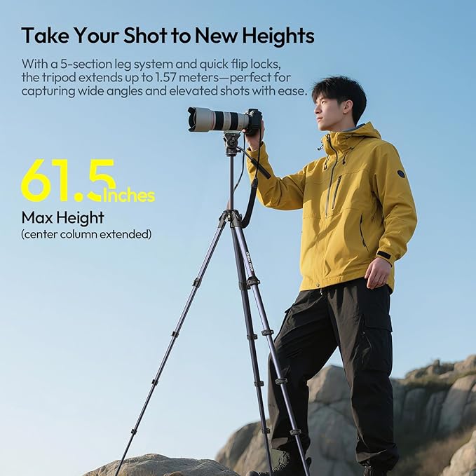 ULANZI Ombra Video Ⅱ Camera Tripod with Fluid Head, 61.5" Travel Tripod with 360° Rotated Arca Quick Release Plate, Portable Stand for Phone Camera Vlogging Video Shooting with Carry Bag Phone Clamp