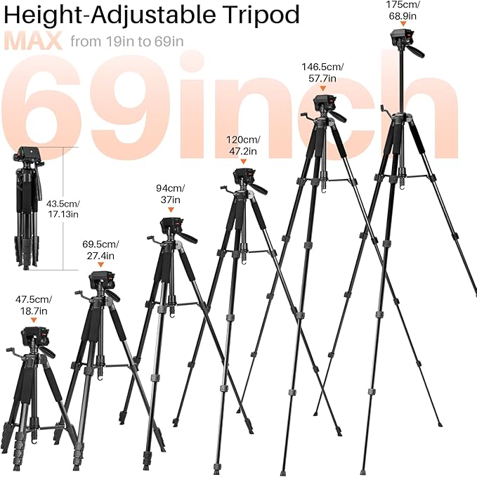 Fotopro 69'' Camera Tripod Lightweight Portable Travel Tripod for Camera and Phone with Detachable 3-Way Pan Head Phone Stand for Video Recording with Carry Bag and Cellphone Clip, Max Load 6.6lb