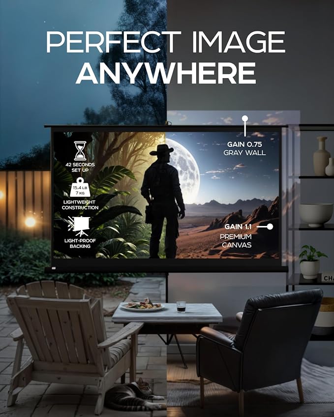 PropVue Projector Screen with Stand 84" - Indoor & Outdoor Projection Screen for Movie or Office Presentation - 16:9 HD Premium Wrinkle-Free Tripod Screen for Projector with Carry Bag & Tight Strap