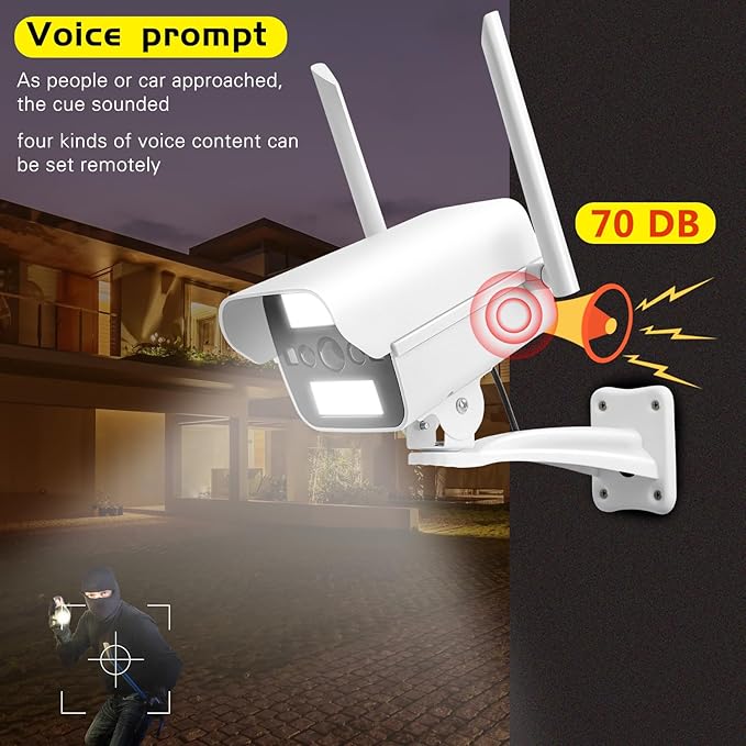 Solar Fake Security Camera with Motion Sensor Light&Audio& Sound&Doorbell for Outdoor, Decoy Simulated Dummy Surveillance Cameras for Outside, IP54, Warning Sticker Included (Solar+Battery)