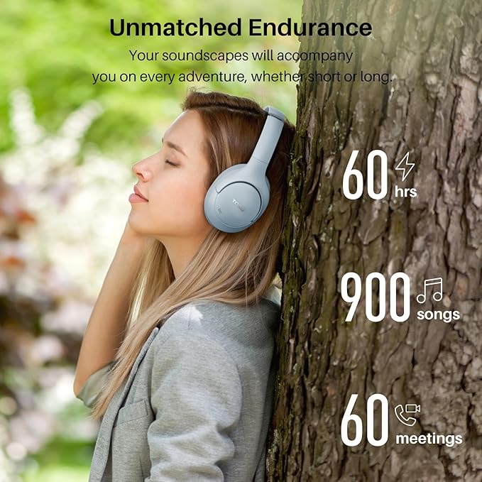 TOZO HT2 Hybrid Active Noise Cancelling Headphones, Wireless Over Ear Bluetooth Headset, 60H Playtime, Hi-Res Audio Custom EQ via App Deep Bass Comfort Fit Ear Cups, for Home Office Travel Blue