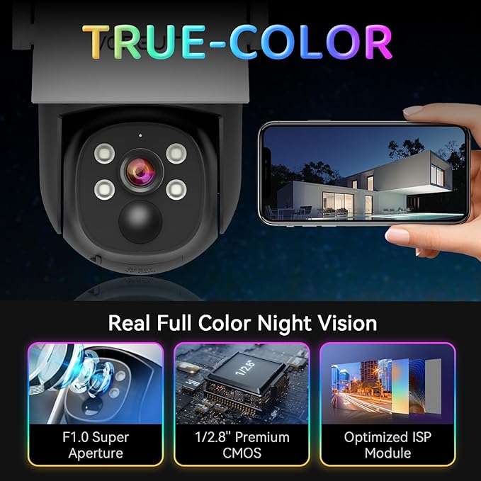 Solar Security Camera Wireless Outdoor, 3MP PTZ Solar Powered Camera for Home Security Surveillance Outside with Solar Panel, 2.4G WiFi, Human Detection, True Color Night Vision, 360° Viewing