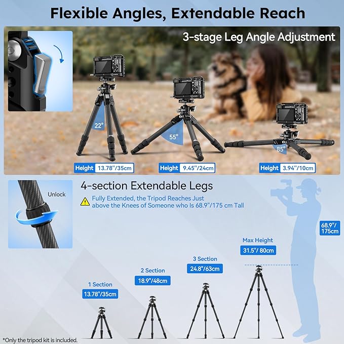 SIRUI 31.5" Compact Carbon Fiber Small Desktop Tripod with Low Profile Ball Head, Portable Lightweight Backpack Camera Tripod with Spikes for Travel Vlogging Tabletop, Macro Photography, AM-224S+G0