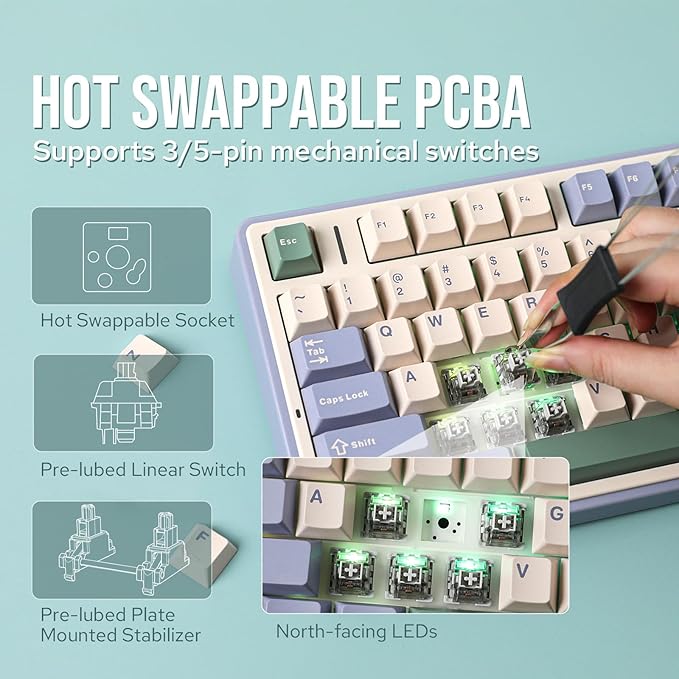 EPOMAKER x Aula F75 Gasket Mechanical Keyboard, 75% Wireless Hot Swappable Gaming Keyboard with Five-Layer Padding&Knob, Bluetooth/2.4GHz/USB-C, RGB (Green, LEOBOG Reaper Switch)