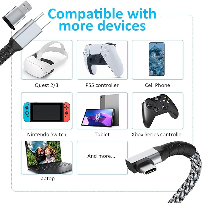 Link Cable 16FT VR Cable Compatible with Meta Oculus Quest 2/Quest 3S/Quest 3/Pro Pico, Nylon Braided Accessories and Gaming PC Steam VR, USB 3.0 Data Transfer Type C Cable, for VR Headset