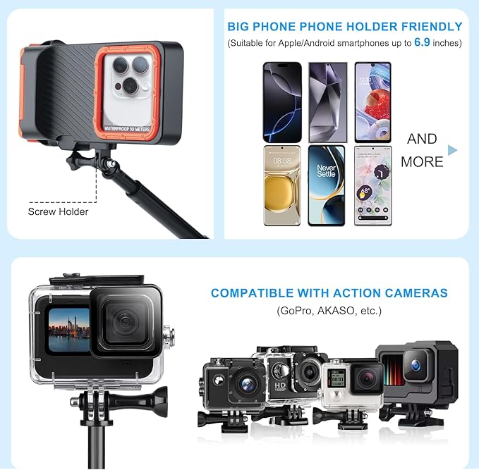 Bluetooth Selfie Stick, Underwater Diving Surfing Swimming Bluetooth Phone Selfie Stick, Extendable & Portable Waterproof Video Recording Compatible with iPhone/Android Cellphones and Gopro AKASO etc.
