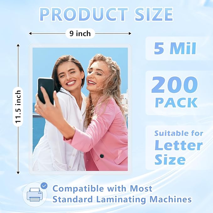 HOUYEE 200 Pack 5 Mil Thermal Laminating Sheets, Hold 8.5 x 11 Inch Sheets, Ultra Clear Laminating Pouches, 9 x 11.5 Inch Lamination Sheet Paper for Laminator, Letter Size, Office and School Supplies