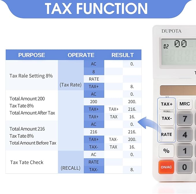 Desktop Calculator Large Display Big Buttons with 12 Digits 2-line LCD, Dual Solar Power and Battery, Calculator with Tax and Check Function for Office, Home, School and Business Large Size（OA-608）