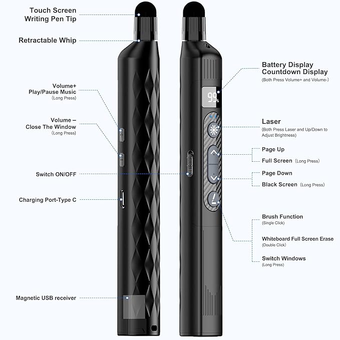 Wireless Presentation Clicker with Telescopic Pointer Stick,Rechargeable Presenter Remote Light Pointer with Touch Screen Stylus Pen and Digital Display,USB Slide Clicker for PowerPoint MAC PC Laptops