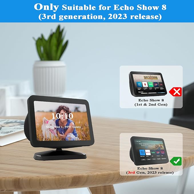 Adjustable Stand for All-new Echo Show 8 (3rd Gen, 2023 release), Smart Display Magnetic Stand Mount Compatible with Echo Show 8 (3rd Gen), with 360 Degree Rotation Tilt and Anti-Slip Base (Black)