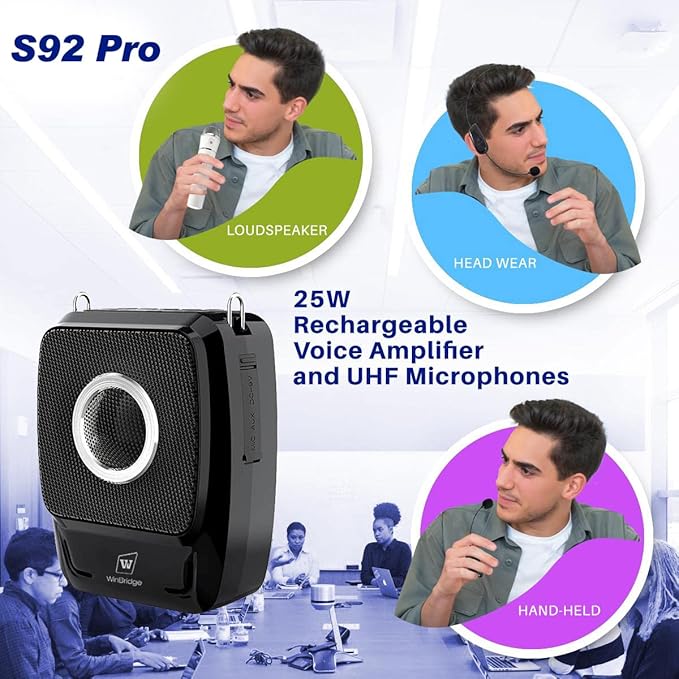 W WINBRIDGE S92 Pro Portable PA System -25W Bluetooth Speaker with Dual Wireless Microphones, Wireless Voice Amplifier with Headset Mic and Handheld Mic for Presentations, Teaching, Karaoke